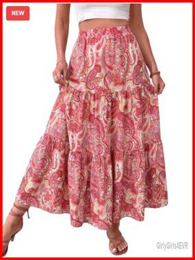 Womens Boho Maxi Skirt 100% Viscose Flowy A-Line with Pockets